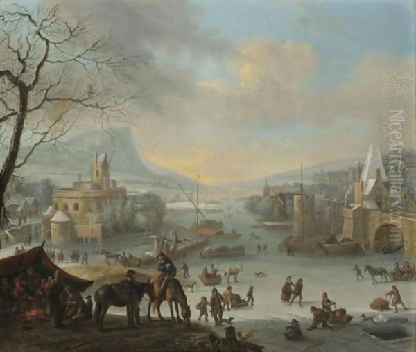 An Extensive Winter Landscape With Skaters On A Frozen River And Peasants Warming Themselves Near A Fire In The Foreground by Robert Griffier