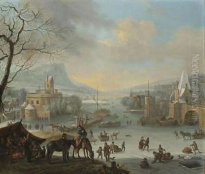 An Extensive Winter Landscape With Skaters On A Frozen River And Peasants Warming Themselves Near A Fire In The Foreground by Robert Griffier