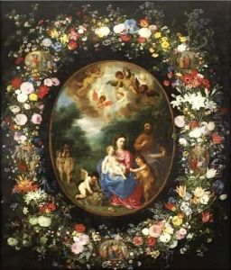 The Holy Family With The Infant Saint John The Baptist And Angels In A Landscape, Within A Garland Of Flowers