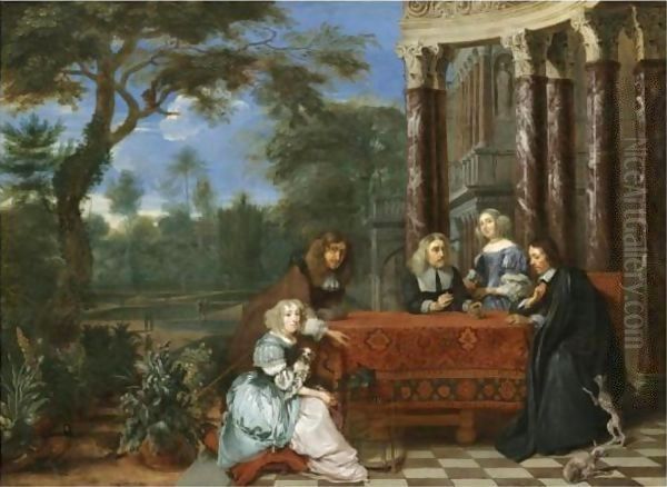 A Family Seated At A Table In An Elegant Garden Exterior - view 1