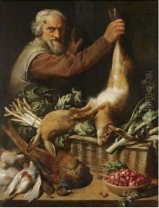 A Market Stall With A Peasant Holding Up A Hare, A Pheasant, Partridge, A Bowl Of Strawberries