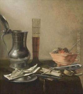 A Still Life Of A Pewter Flagon, A Tall Glass, A Chafing-Dish And Smokers' Requisites, All On A Draped Table