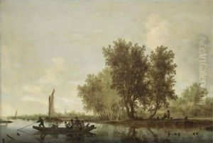 A River Landscape With Figures In A Ferry, Barges And Rowing Boats Beyond, And Other Figures Resting On A Bench Near Cottages