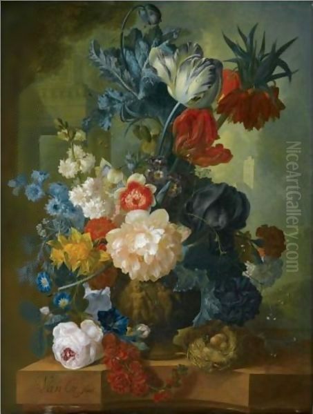 Still Life With A Bouquet Of Flowers In A Sculpted Vase, Including A Parrot Tulip, Morning Glory by Jan van Os