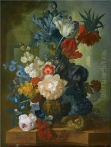 Still Life With A Bouquet Of Flowers In A Sculpted Vase, Including A Parrot Tulip, Morning Glory