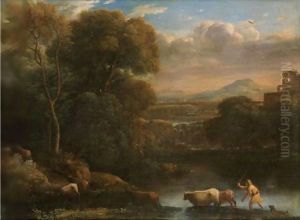 An Italianate Landscape With A Drover And His Dog Driving His Cattle Across A Ford, A Waterfall Beyond by Claude Lorrain (Claude Gellee)