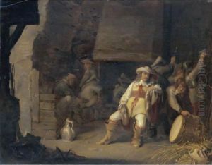 A Guardroom Interior With An Officer Smoking A Pipe Soldiers Sitting Before A Fireplace by Anthonie Palamedesz