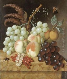Still Life With Peaches, Apricots, Grapes, Berries, A Fly And A Butterfly On A Marble Ledge by Jan Evert Morel