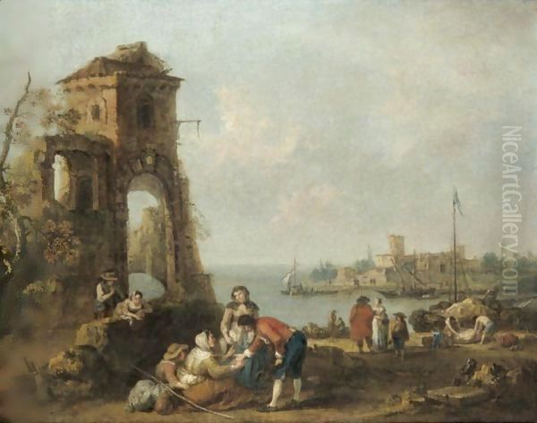 An Architectural Capriccio With Numerous Figures Beside Classical Ruins, A Mediterrenean Harbour Beyond - view 1