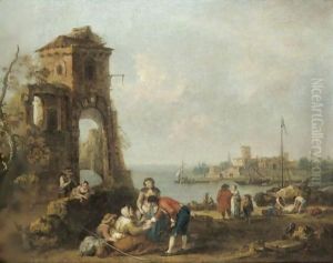 An Architectural Capriccio With Numerous Figures Beside Classical Ruins, A Mediterrenean Harbour Beyond