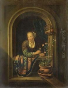 Ragazza Alla Finestra Con Un Vaso Di Garofani