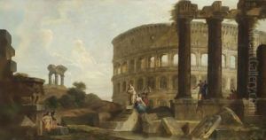 Capriccio Architettonico Con Figure E Il Colosseo Sul Fondo by Giovanni Paolo Panini