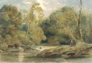 Cattle Watering In A Wooded River Landscape by Peter de Wint