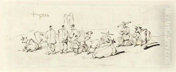 Chinese Drovers With Cattle - view 1