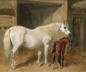 A Grey Mare And Her Foal In A Loose Box by John Frederick Herring Snr
