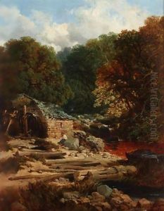 River Landscape With A Fisherman Beside A Watermill by Edmund John Niemann