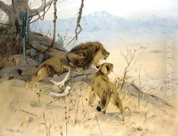 Lowe Und Lowin Erspahen Eine Zebraherde (Lion And Lioness Stalking A Zebra Herd) - view 1
