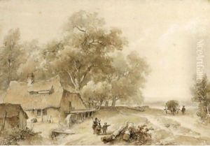 View Of A Watermill In Woodland, With A Haycart Approaching On A Track To The Right by Andreas Schelfhout