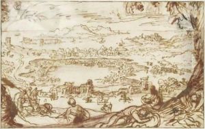 View Of Lake Averno, With Figures Resting In The Foreground, And The Castle Of Baia And Gulf Of Pozzuoli In The Distance by Joos De Momper