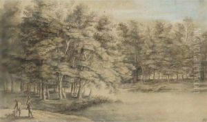 Wooded Landscape With Two Men Hawking By A Pond