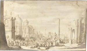 A Crowd Of Figures Gathered In The Roman Forum, An Obelisk And Triumphal Arch To The Left