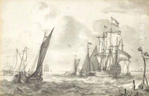 A Royal Yacht And Smaller Vessels On A Choppy Sea by Jan Claes Rietschoof