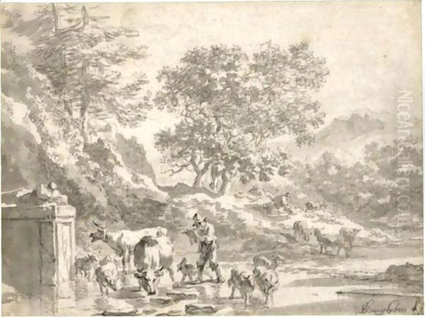 A Shepherd Playing The Flute, Crossing A Ford With His Flock - view 1