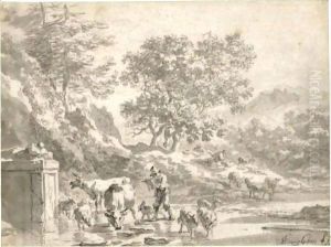 A Shepherd Playing The Flute, Crossing A Ford With His Flock