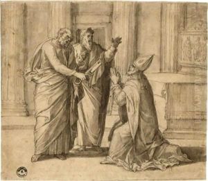St Peter, Dressed As The First Bishop Of Rome, Receives The Keys Of The Kingdom Of Heaven From Christ, Another Apostle Looking On by Lambert Lombard