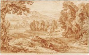 An Italianate Landscape With Woodland Leading To A Lake, And A Town In The Distance by Adriaen Frans Boudewijns