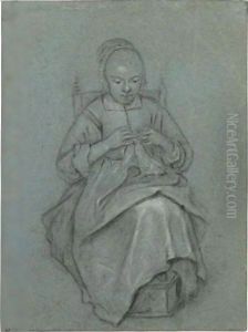 A Seated Young Woman Embroidering A Cloth, Her Feet Resting On A Foot-Warmer by Quiringh Gerritsz. van Brekelenkam