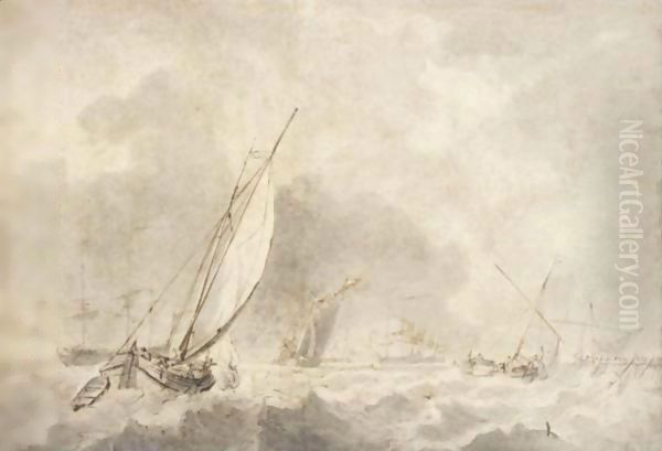 Small Vessels Under Sail In Choppy Waters With Warships At Anchor In The Distance - view 1