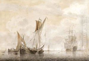 Small Vessels On A Calm Sea, With Two Yachts In The Distance by Cornelis De Grient
