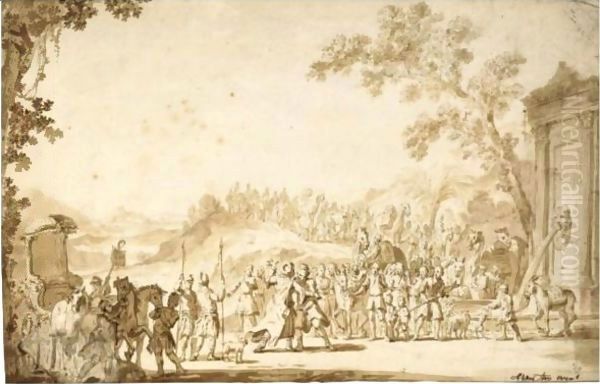 Two Figures Reconciled Near A Fountain, Watched By A Large Crowd - view 1