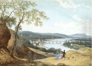 View From A Hillside Of A Town In A River Valley, With Three Figures Resting In The Foreground