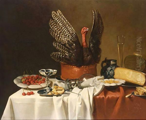 A Still Life With A Turkey Pie, Cherries On A Plate, A Silver Tazza, Bread On Pewter Plates - view 1