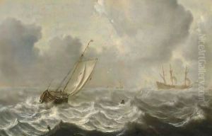 A Smallschip And A Frigate In Stormy Waters