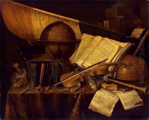 A Vanitas Still Life With Books And Leaflets, A Globe, A Princely Flag, A Musical Score, Musical Instruments by Edwart Collier