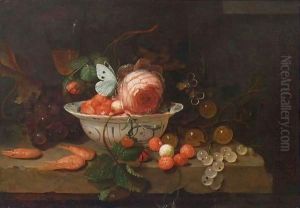 A Stil Life With A Porcelain Bowl With Strawberries, A Rose And A Butterfly, A Wineglass, Grapes, Prawns, Gooseberries, All On A Stone Ledge by Jan Mortel