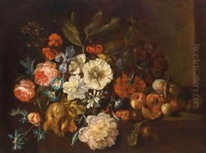 A Still Life Of Roses, Small Morning Glory, Tulips, Red Turban Cup Lilies, An Iris And Other Flowers