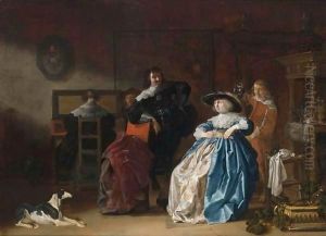An Elegant Couple Conversing, Another Couple At A Virginal Together With A Servant In An Interior by Anthonie Palamedesz