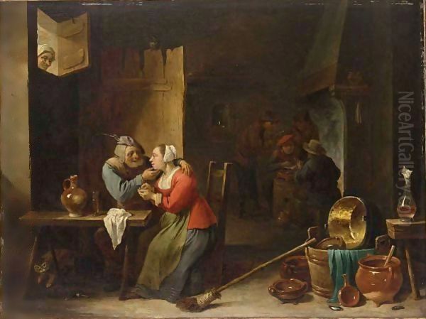An Interior Of An Inn With An Amorous Couple At A Table, And Figures Smoking Near A Fireplace In The Background - view 1
