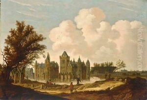A View Of The Castle Of Egmond With Figures On A Path And Fishermen In Front Of The Castle