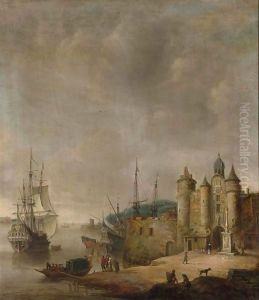 A Harbour Scene With A Man-Of-War And Other Shipping, Figures Conversing On The Shore