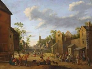 A Village Street Scene With Peasants Drinking Outside An Inn, A Beggar Woman In The Foreground, A View Of A Church Tower Beyond