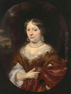 A Portrait Of A Lady, Half Length, Wearing An Orange And White Dress With A Red Shawl by Nicolaes Maes
