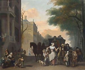 A View In Amsterdam With A Maid Flirting With A Knife Grinder On A Canal by Ludolf Backhuysen
