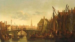 Dordrecht A View Of The Appelmarkt With The Oude Haven And The Nieuwbrug, A View Of The Tower Of The Groothoofdspoort In The Distance by Abraham Van Calraet