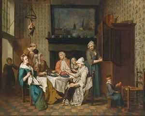 An Interior With An Elegant Company Dining, A Child Playing In The Right Foreground