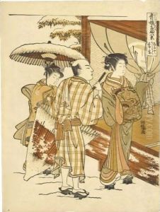 'Ogiya Karauta Bosetsu' (Karauta Of Ogiya In The Evening Snow) From The Series 'Seiro Meifu Hakkei' (Eight Views Of Famous Beauties Of The Green Houses) by Isoda Koryusai
